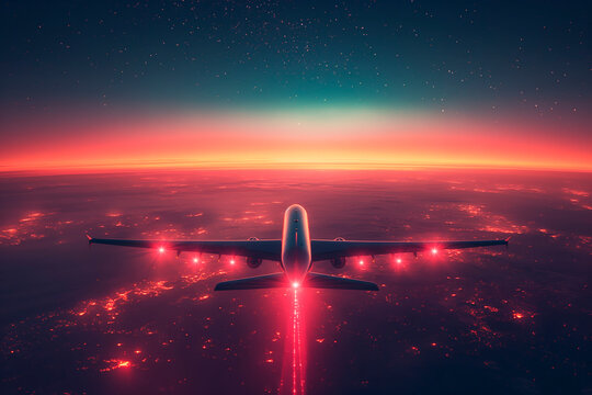 The image depicts a commercial airliner flying at high altitude, its form illuminated by the glow of city lights beneath and the sparkling stars of the night sky above.