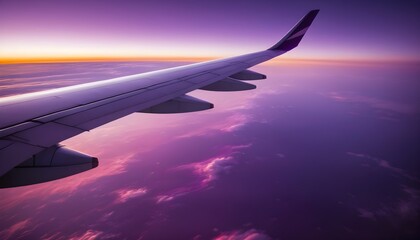 Naklejka na ściany i meble Airplane wing view during sunset with fantastic purple colors