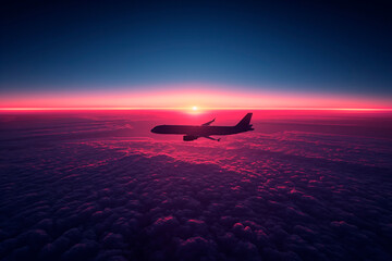 A commercial airplane is silhouetted against a radiant pink and purple sunset sky, flying over a sea of soft, cotton-like clouds that stretch to the horizon.