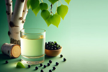 Glass of birch sap with birch tree and chokeberry on green background with space for text