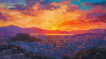 Athenian Sunset View - obrazy, fototapety, plakaty
