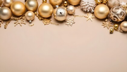 Fototapeta na wymiar Christmas decorations in gold colors on beige background