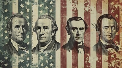Happy Presidents Day Concept with the US national Flag against a collage of four American Presidents portraits cut of Dollar bills - obrazy, fototapety, plakaty