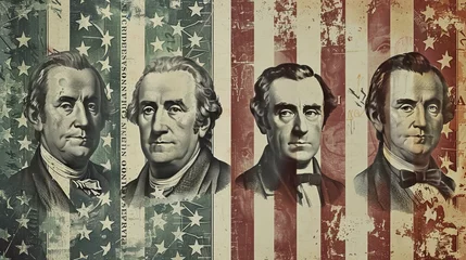 Foto op Plexiglas Happy Presidents Day Concept with the US national Flag against a collage of four American Presidents portraits cut of Dollar bills © Emil