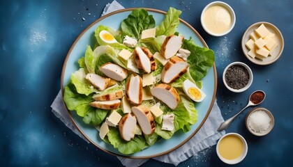 Classic caesar salad chicken brests, lettuce, salt, cheese, sauce and black pepper on blue background - obrazy, fototapety, plakaty