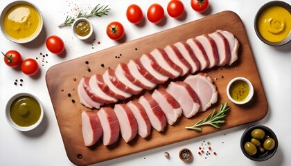 Cooked thin slices of pork meat on wooden board served with mustard sauce, tomatoes, salt, pepper and olive