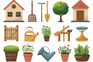 Fototapeta premium Charming collection of home gardening vector icons, featuring variety of potted plants, tools, garden elements on white background. Toolkit, Neat and Organized. Home Hobby Icons, Illustration Art