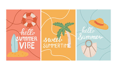 Set of cute summer greeting cards. Summer backgrounds hello summer, summer time. For posters, postcards, scrapbooking, stickers, stories