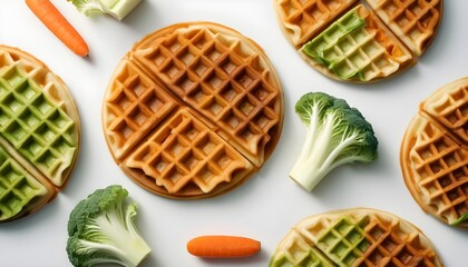 cooked two-color vegetable waffles made from cabbage and carrots on white background - obrazy, fototapety, plakaty