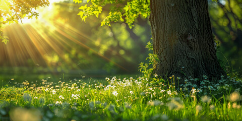 Fototapeta na wymiar Enchanting Sunrise Through Oak Tree in Lush Meadow