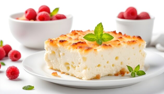 delicate dessert cottage cheese casserole on white background