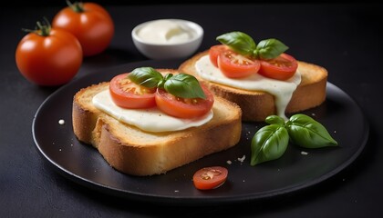 Fototapeta na wymiar fried hot toast with mozzarella and tomatoes on black background