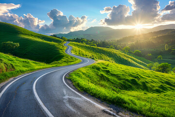 Winding country road with white markings