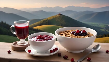 Granola breakfast in ceramic bowl served with fresh milk, cranberry jam and black tea over mountainous hills background - obrazy, fototapety, plakaty