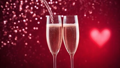 two champagne glass Celebration of valentines day on light bokeh and red texture background background - obrazy, fototapety, plakaty