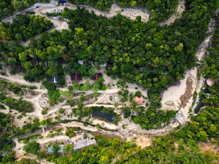 Aerial drone view small Koh Ma island, Ko Phangan Thailand. Exotic coast panoramic landscape, Mae Haad beach, summer day. Sandy path between corals. Vivid seascape, mountain coconut palms from above.