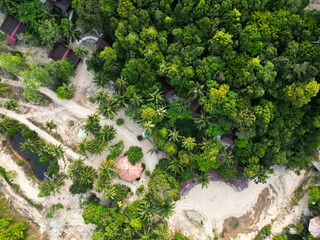 Aerial drone view small Koh Ma island, Ko Phangan Thailand. Exotic coast panoramic landscape, Mae Haad beach, summer day. Sandy path between corals. Vivid seascape, mountain coconut palms from above.