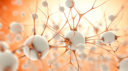 The image is a colorful and abstract representation of a network of neurons. The neurons are represented by small white spheres, and the network is made up of orange and white lines