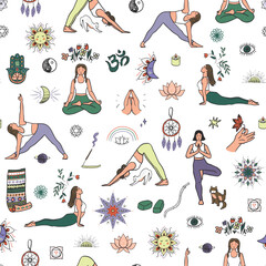 Yoga meditation elements vector seamless pattern. - 765831826