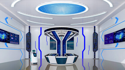 Futuristic Sci-Fi Hallway Interior with Information Desk, Smart Robot and Monitor Screen on Wall, 3D Rendering - 765831828
