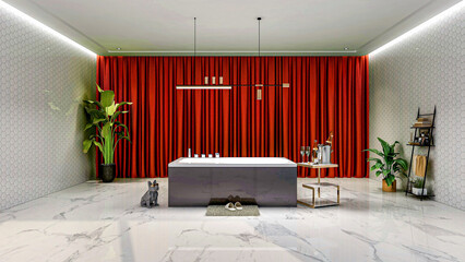 Modern and luxury bathroom interior with marble tiled floor and bathtub, 3d rendering - 765831832