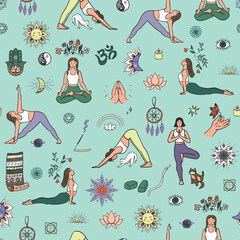 Yoga meditation elements vector seamless pattern. - 765831845