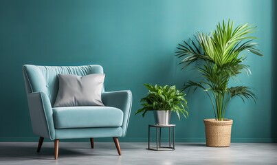 In the living room, there is a blue armchair set against a blue wall and some plants are placed in the room.