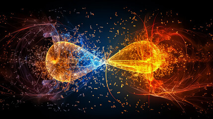 Two glowing spheres, one red and one blue, are surrounded by a cloud of sparks. Concept of energy...