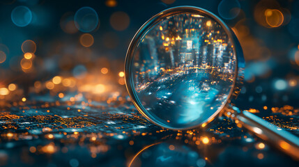Close-up of a magnifying glass focusing on a blurred cityscape, with glowing lights and bokeh effects at night - obrazy, fototapety, plakaty
