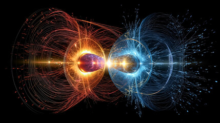 Two glowing spheres, one red and one blue, are surrounded by a cloud of sparks. Concept of energy and movement, as if the spheres are in the midst of a powerful explosion