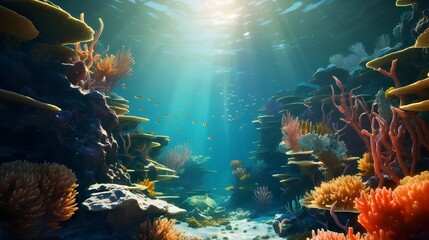 The rocky coral reef is home to a thriving underwater environment with a wide variety of marine life, beckoning us to discover the wonders of nature's aquatic playground by plunging into its captivati - obrazy, fototapety, plakaty