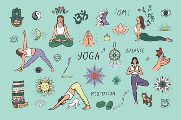 Yoga meditation elements vector illustrations set. - 765832046