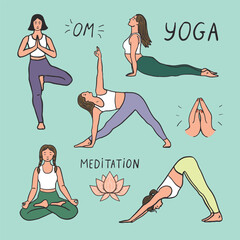 Yoga woman poses set. Vector illustration in doodle style. - 765832064