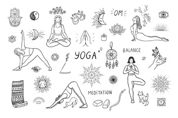 Yoga meditation elements vector line illustrations set. - 765832076