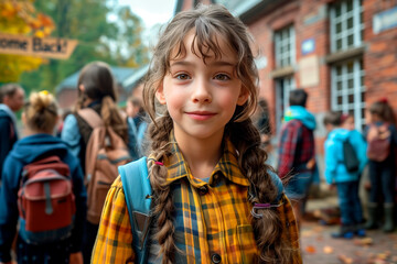 Fototapeta premium A young girl with braided hair and a plaid jacket smiles brightly at the camera, with other students and a 