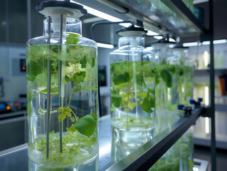 Rows of plant specimens growing in nutrient media within glass vessels under controlled laboratory conditions - obrazy, fototapety, plakaty