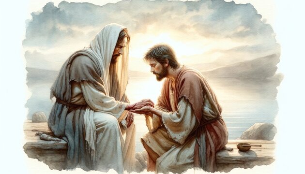 The Incredulity of Saint Thomas. Doubting Thomas. Jesus showing his crucifixion wounds. Digital painting.
