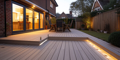 A serene evening setting of a modern home's backyard with a spacious deck