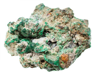 close up of sample of natural stone from geological collection - raw malachite ore isolated on white background from Ural