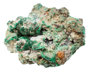 close up of sample of natural stone from geological collection - raw malachite ore isolated on white background from Ural