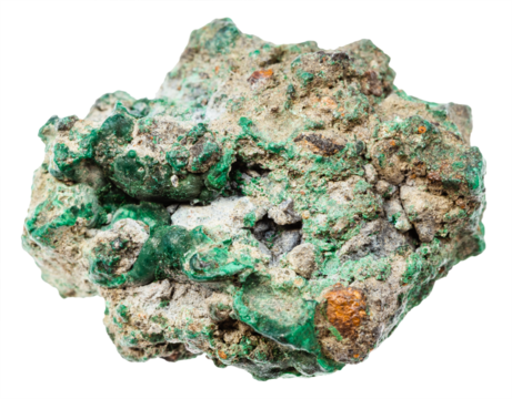 close up of sample of natural stone from geological collection - raw malachite ore isolated on white background from Ural