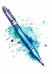 A blue pen is sitting on a splash of watercolor paint. The pen is the main focus of the image, and the watercolor splatter adds a sense of movement and energy to the scene
