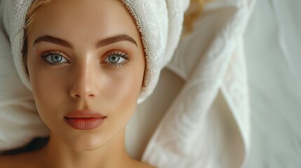 Estetic blonde woman with towel covered head