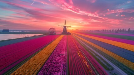 Dutch windmill on the field of tulips, loud colors - obrazy, fototapety, plakaty