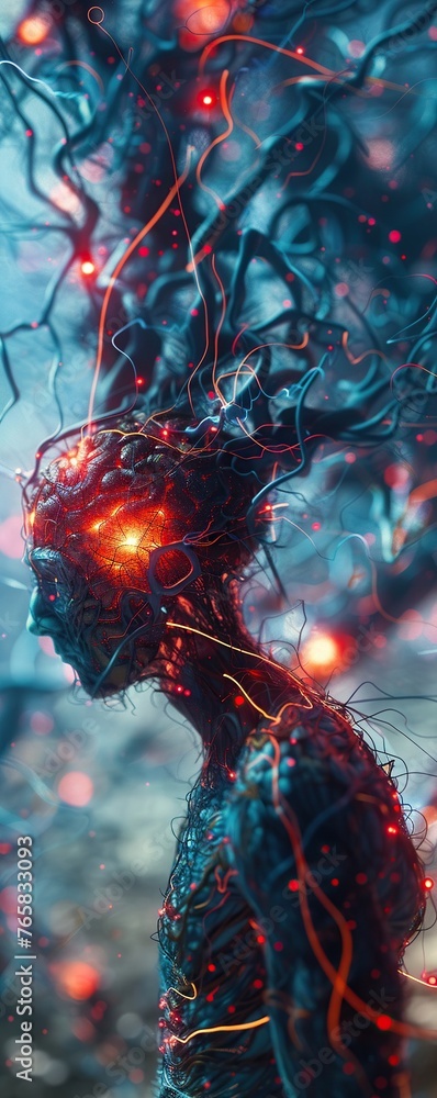 Poster intricate neural network simulation with fiery synapses and glowing connections representing human b