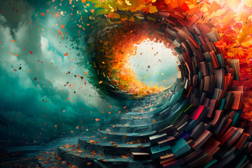 This vibrant artwork captures a circular portal created by swirling books leading into a bright autumnal world, with leaves caught in a whimsical dance on the breeze.