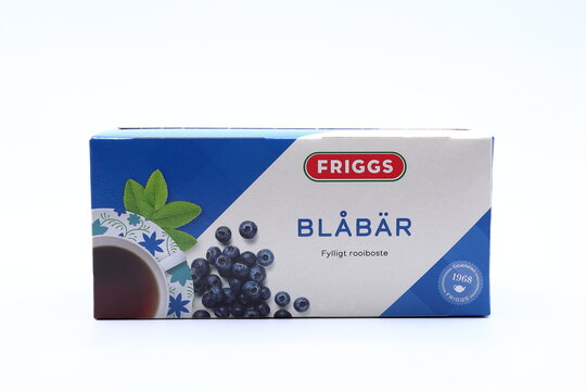 Box of blueberry tea. From Friggs. White background. Swedish company. 