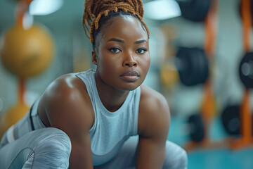 Black African American woman in sportwear doing sport exercises at gym fitness with sweaty face....