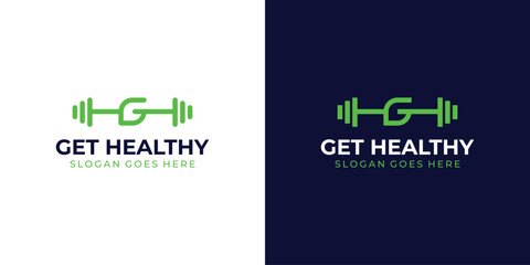 Creative Get Healthy Logo. Letter G Initial and Barbel with Minimalist Style. GYM Logo Icon Symbol Vector Inspiration. - obrazy, fototapety, plakaty
