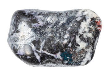 close up of sample of natural stone from geological collection - polished antimonite mineral...